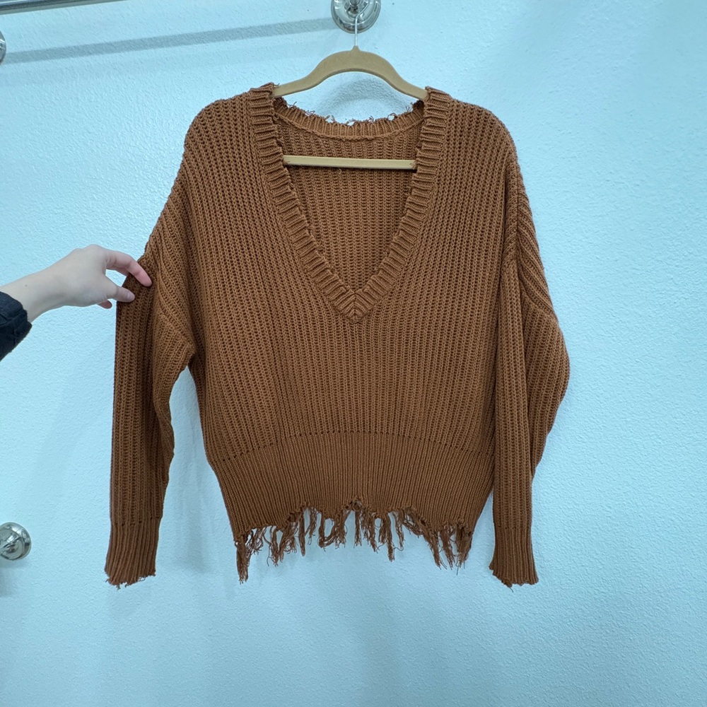 Vici Brown V-Neck Ribbed Sweater